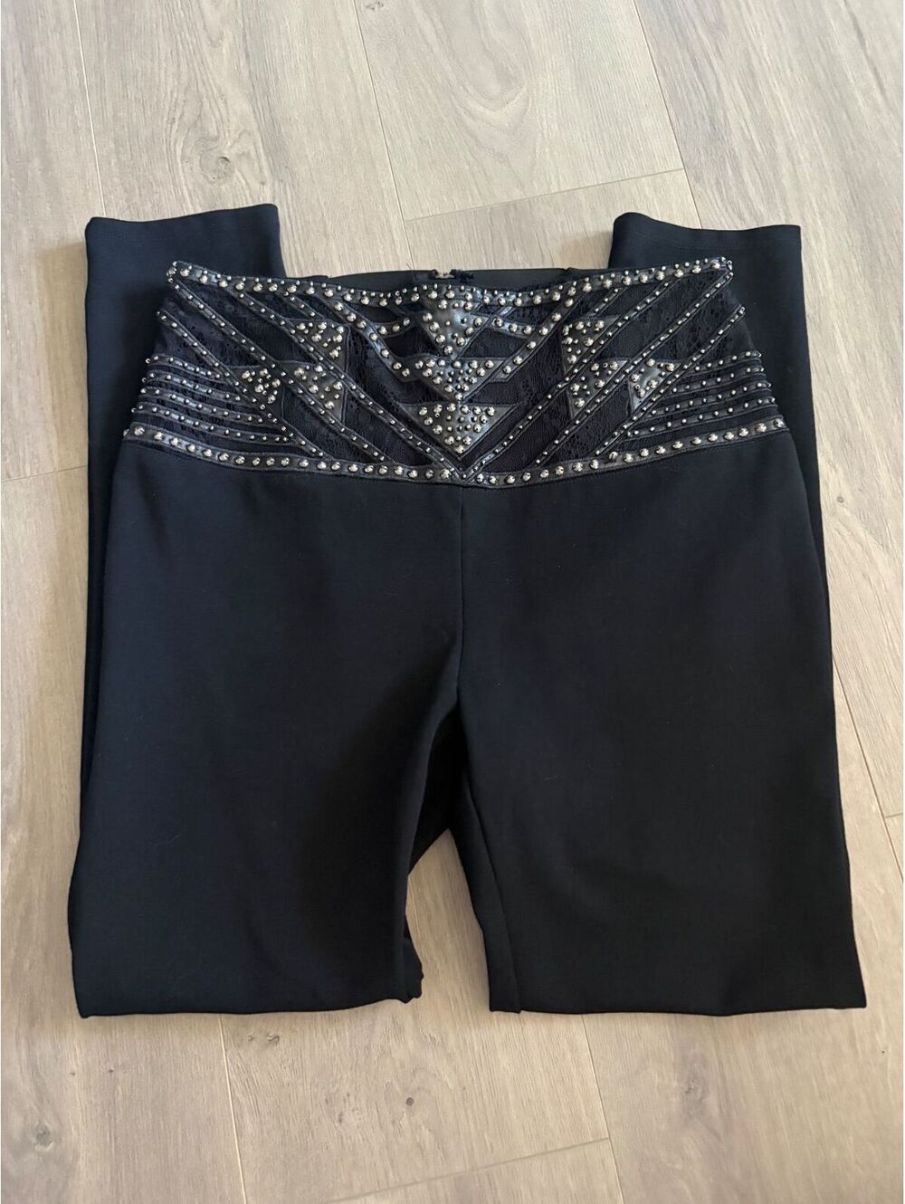bebe Black High Waist Leggings with Studded Lace Detail Size M